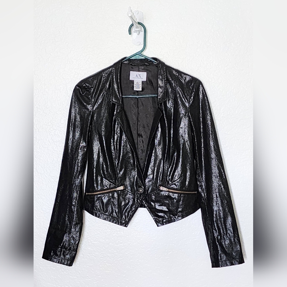 Armani Exchange Women's Metallic Black Faux Leather Cropped Jacket. Size M.
